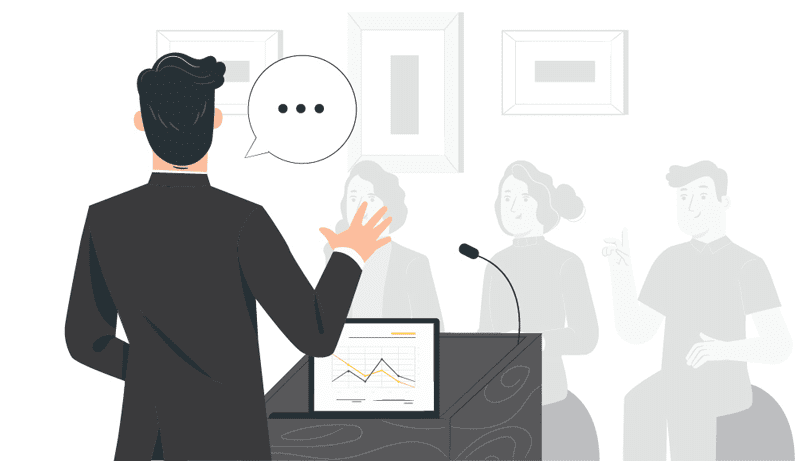 Cartoon Man Giving Presentation at a Podium | MLC Design