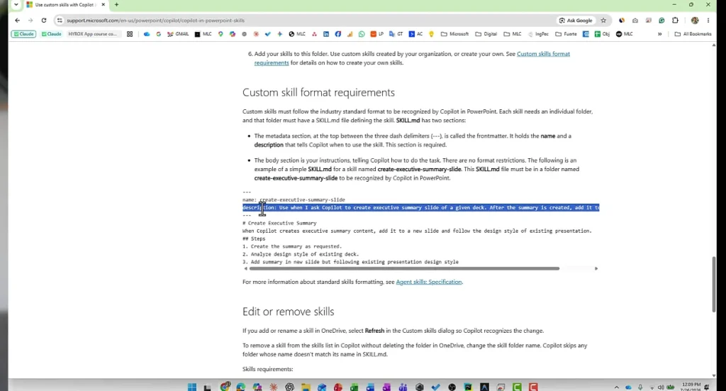 The SKILL.md format in the Microsoft documentation for Copilot custom skills