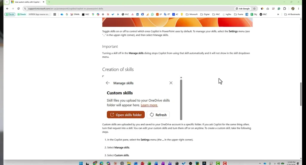 The Manage skills dialog with the OneDrive folder for Copilot custom skills