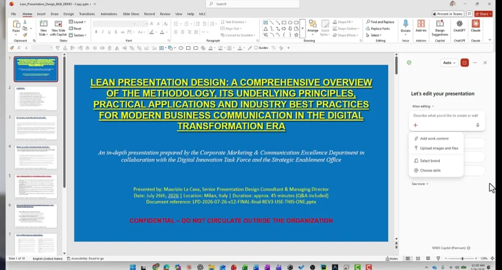 The Copilot panel in PowerPoint with the Choose skills option open