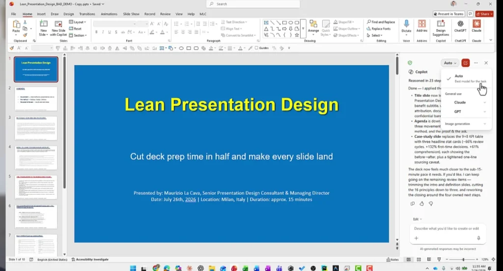 The Copilot model selector in PowerPoint showing Auto, Claude and GPT
