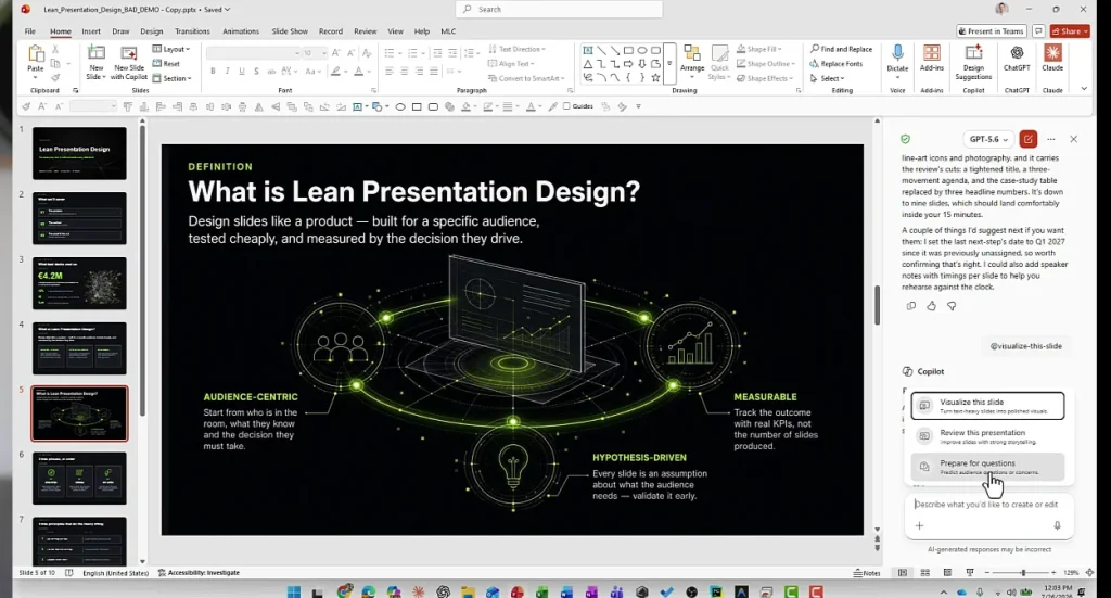 Calling the Prepare for questions skill from the Copilot panel in PowerPoint
