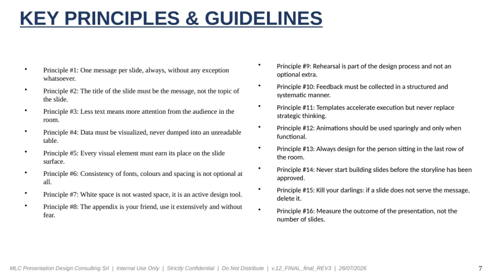 Slide of the source deck with ten presentation design principles as a wall of text