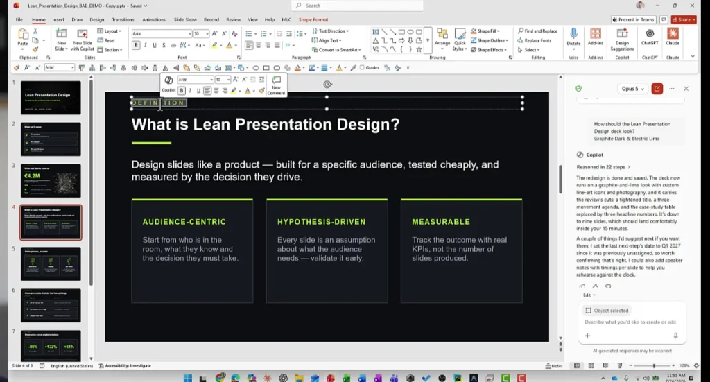 Copilot summary confirming the redesign is saved and the deck is down to nine slides