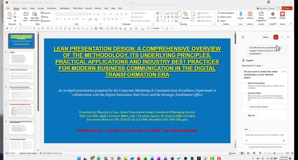 Copilot asking whether to revise the entire presentation or only selected slides