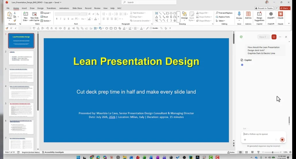The Graphite Dark and Electric Lime style request sent to Copilot in PowerPoint
