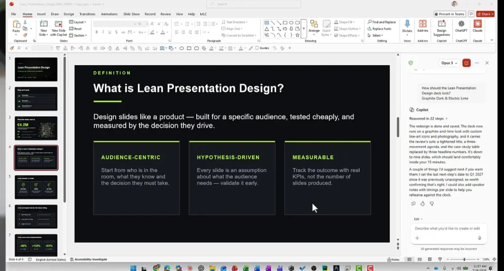 Calling the Visualize this slide skill from the Copilot panel in PowerPoint