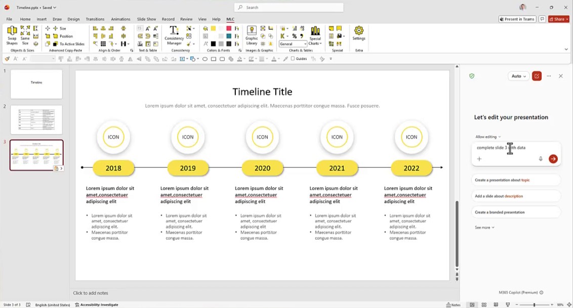 Timeline template pasted as slide 3 of the PowerPoint deck, with five milestones
