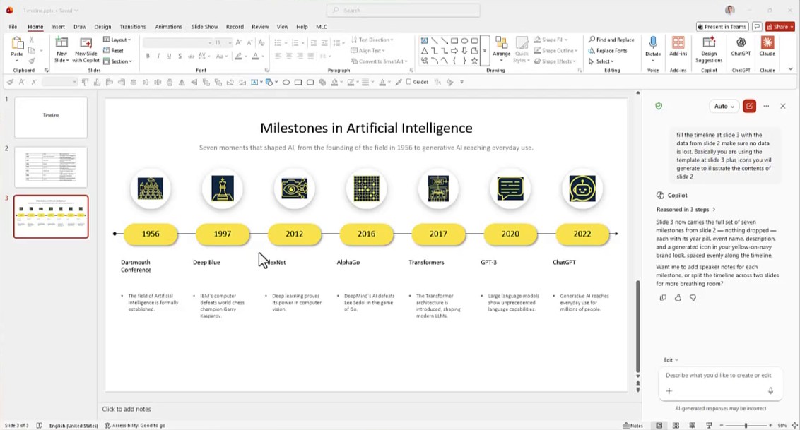 Copilot fills the timeline template in PowerPoint with the seven milestones taken from the table