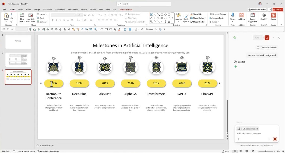 Seven Copilot generated icons selected in PowerPoint, still showing black backgrounds