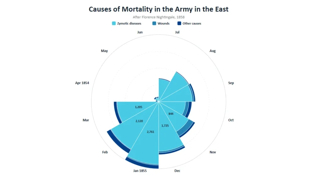 Florence Nightingale rose diagram, causes of mortality in the army in the East